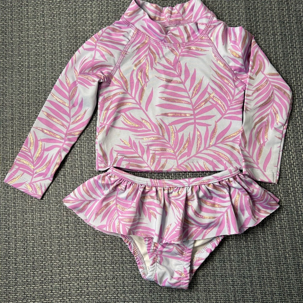 Pink Leaf Pattern Kids Swim Set